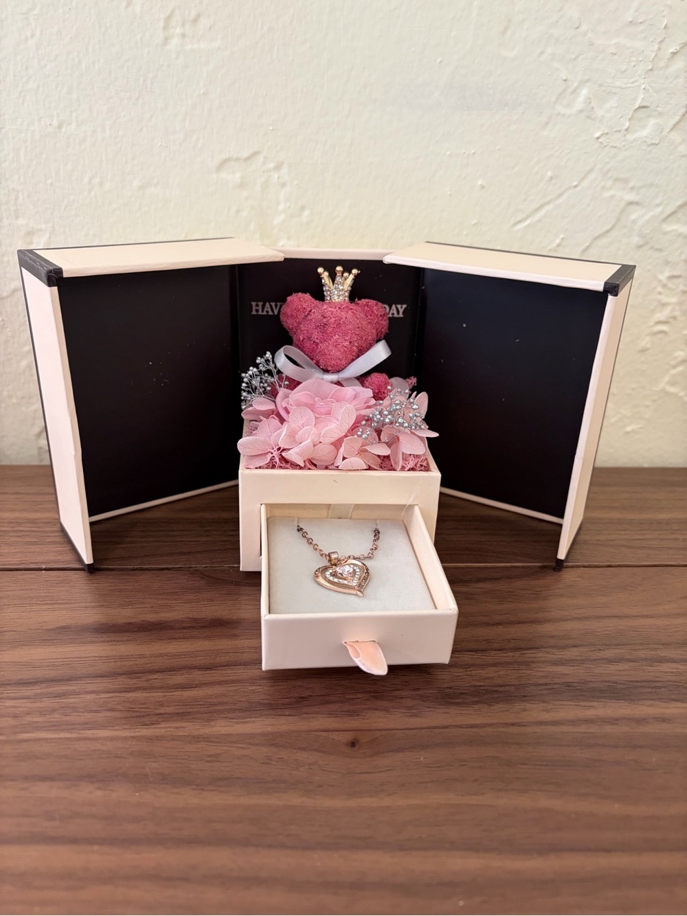 Pink Teddy Bear Flower Jewelry Gift Box with Heart Necklace & Card